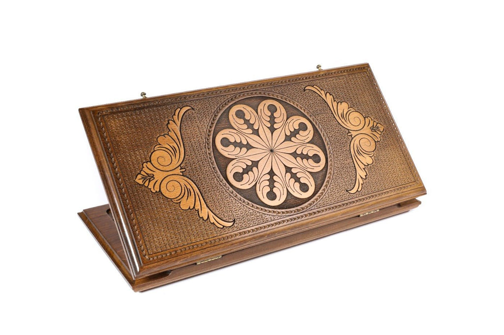 Handcrafted wooden backgammon board with ornamental classic design 19.7 inch