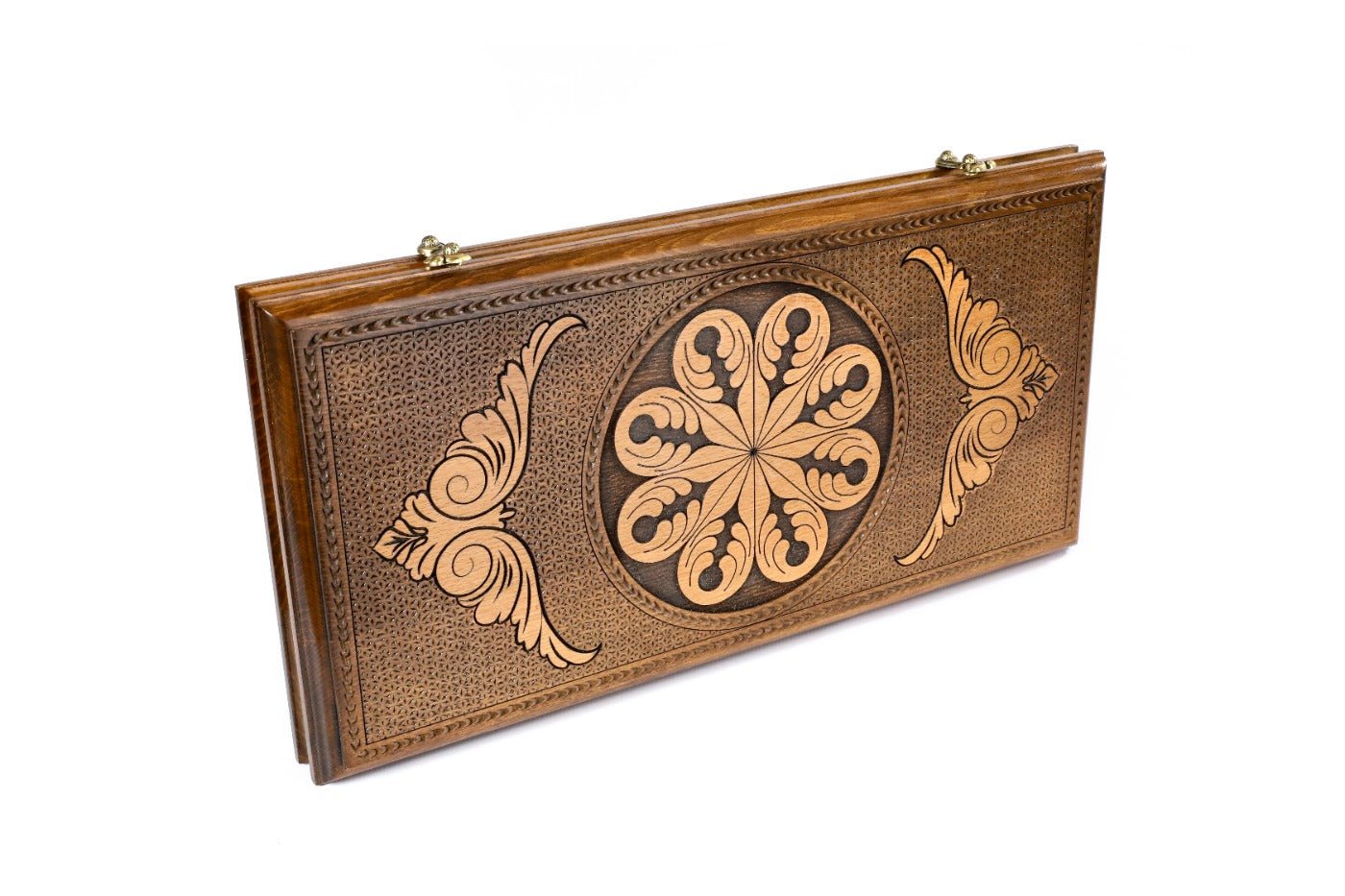 Classic wooden backgammon board with handcrafted decorative design