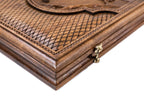 Peacock Majesty backgammon board - playing pieces and dice arranged on the board