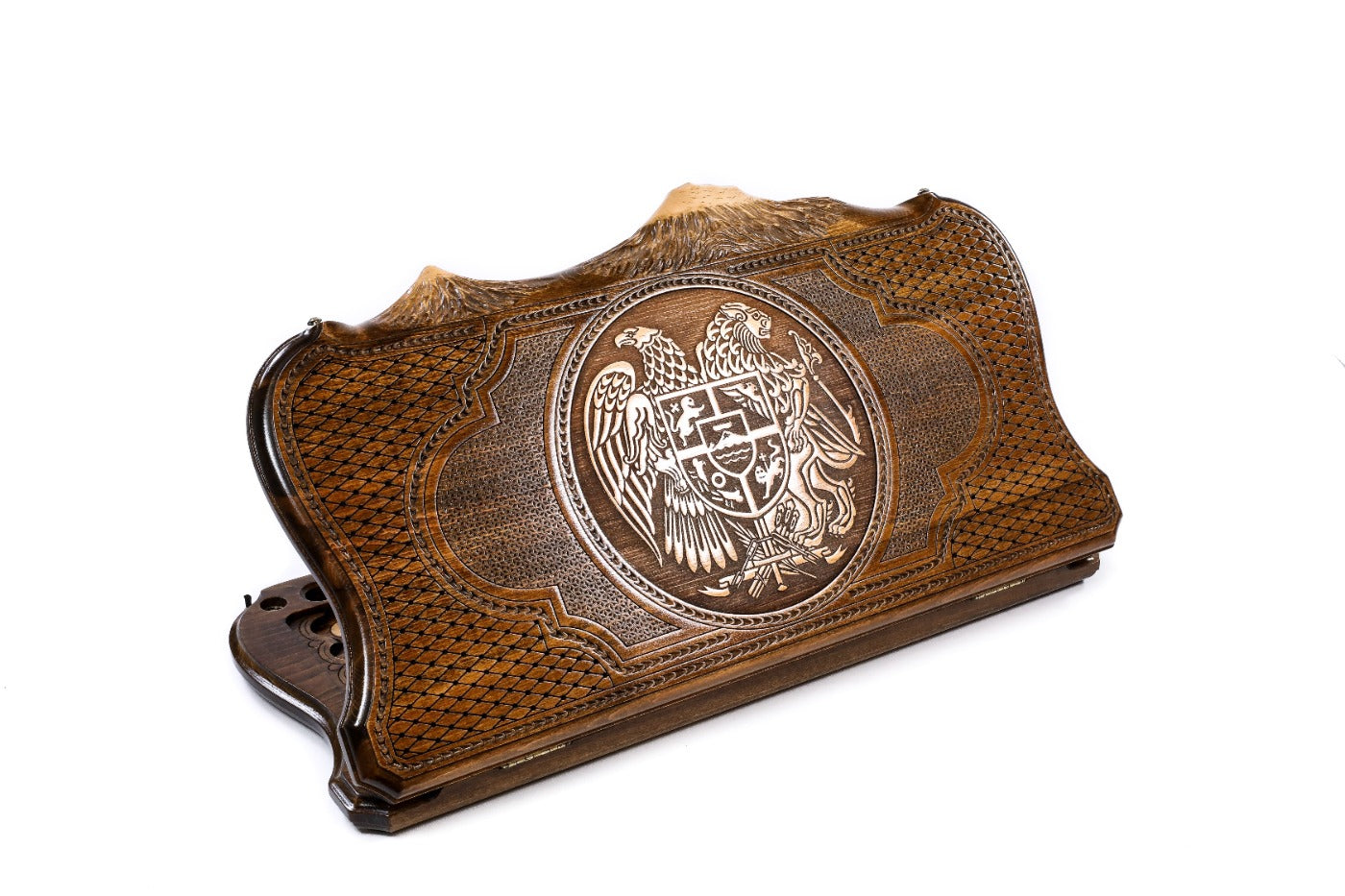 A frontal shot of the closed Armenian Coat of Arms backgammon board carved inside the copyrighted Mount Ararat outline.
