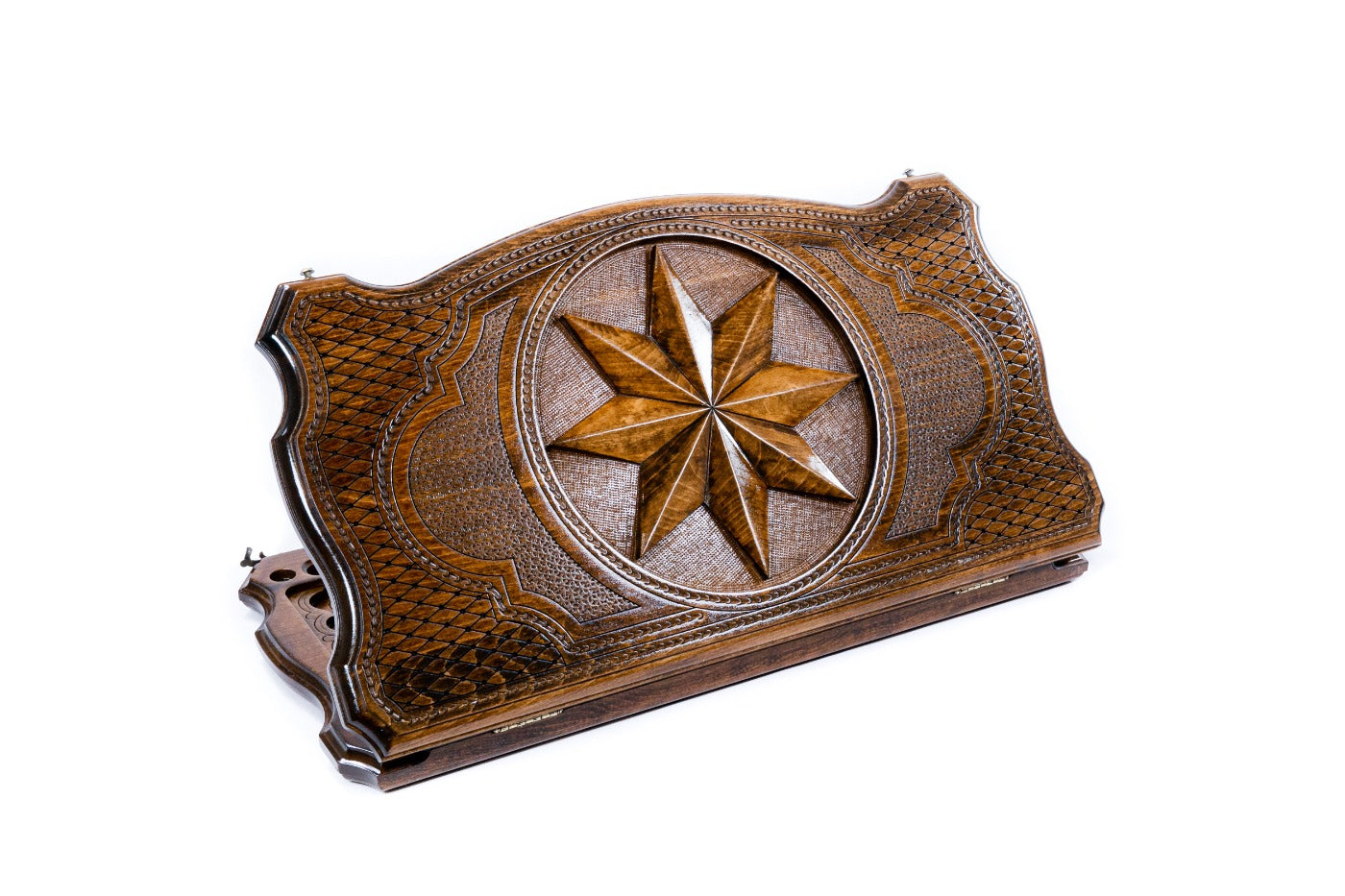 A frontal shot of the closed Octagram backgammon board featuring the star motif carved inside the copyrighted Mount Ararat outline.