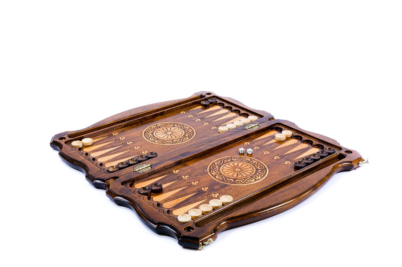 The interior view of the open Hrachya Ohanyan two-sided board highlighting the polished backgammon lanes and rich wood grain.
