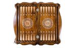 Two Sided Octagram Checkers Board backgammon board - playing pieces and dice arranged on the board