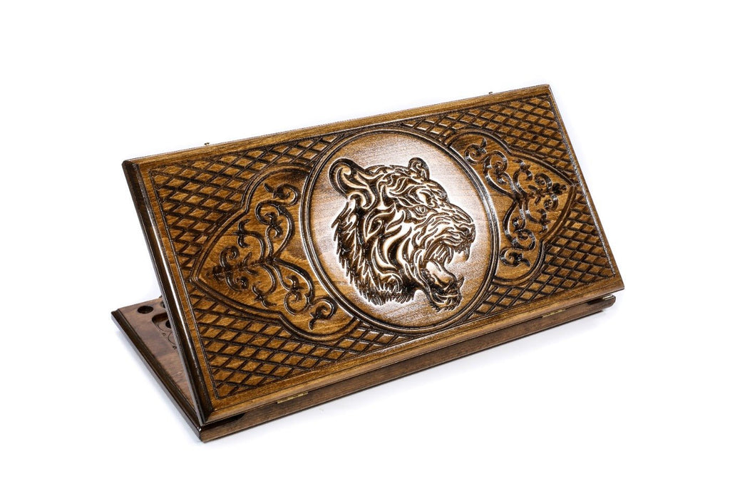 Carved wooden backgammon board with tiger design 23.6 inch
