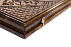 Carved Tiger backgammon board - close-up of the carved design