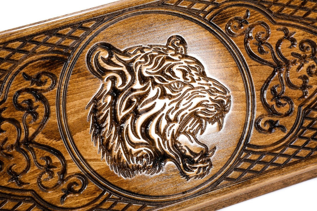 Large wooden carved backgammon board with symbolic tiger craftsmanship