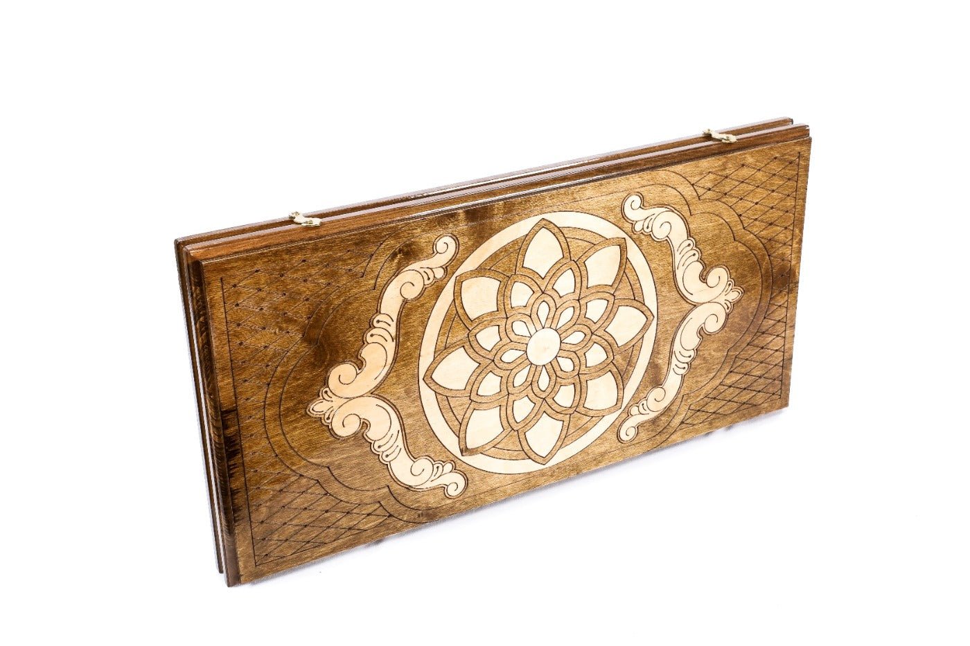 Large wooden backgammon board with classic ornamental pattern design