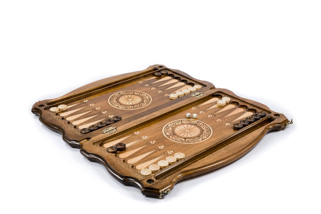 The interior view of the open Hrachya Ohanyan Russian emblem board highlighting the smooth wood finish and professional playing lanes.