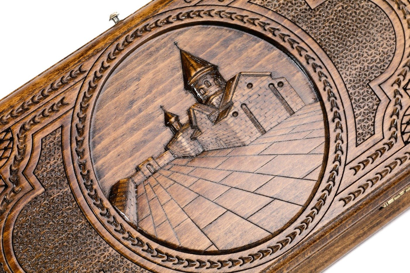 Frontal view of the hand-carved Geghard monastery on the Hrachya Ohanyan solid wood board.