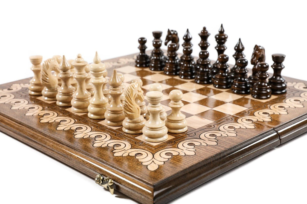 Wooden chess board featuring traditional styling and handcrafted details