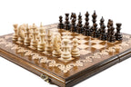 Wooden chess board featuring traditional styling and handcrafted details