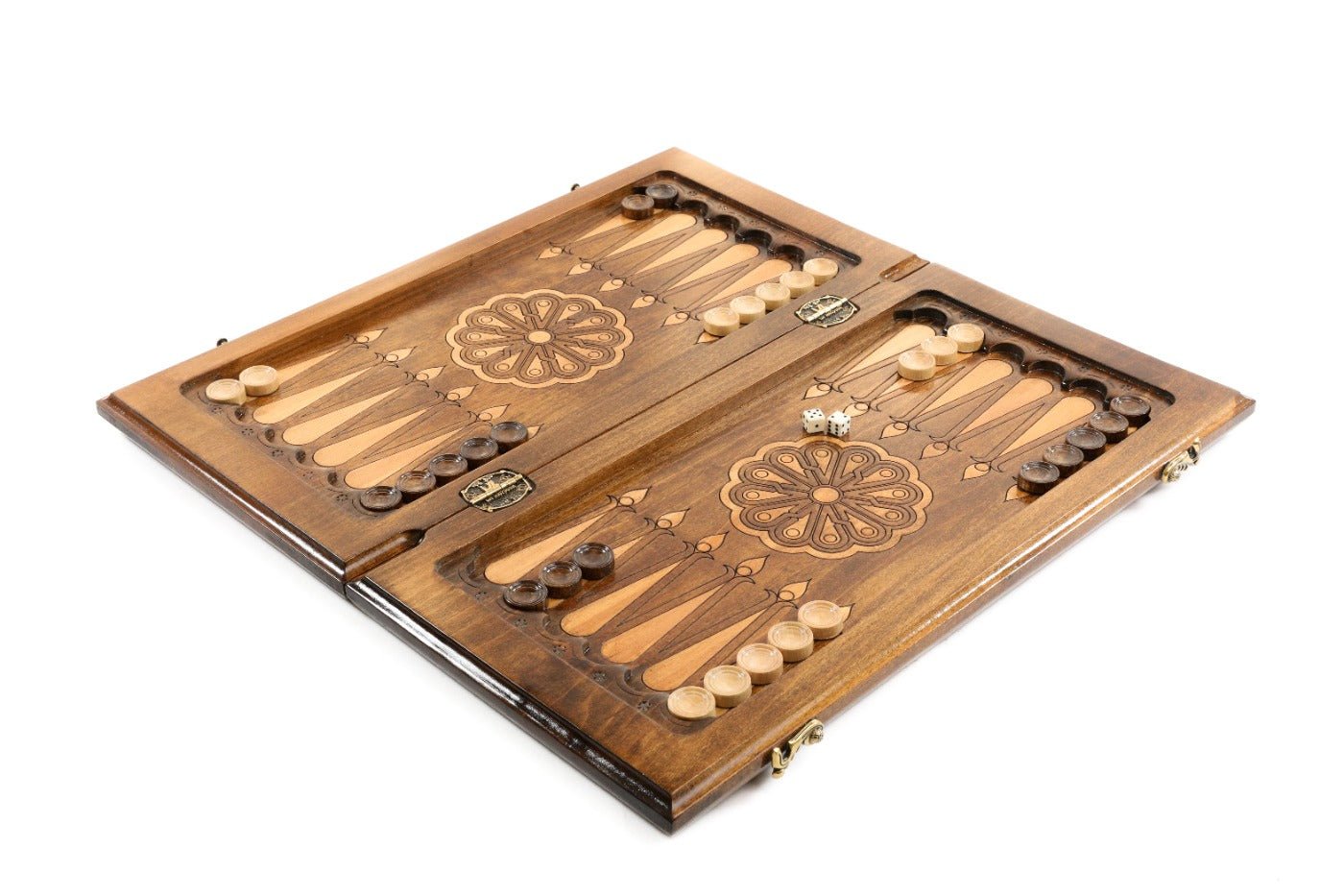 Wooden backgammon set with decorative Eternity pattern detailing