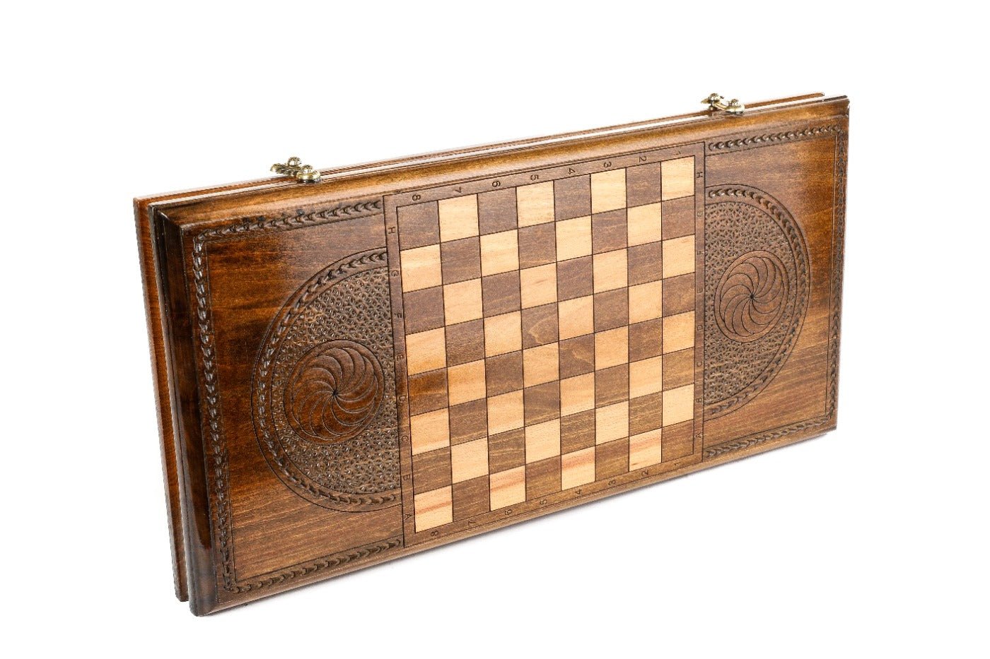 Classic wooden backgammon board with handcrafted Eternity design