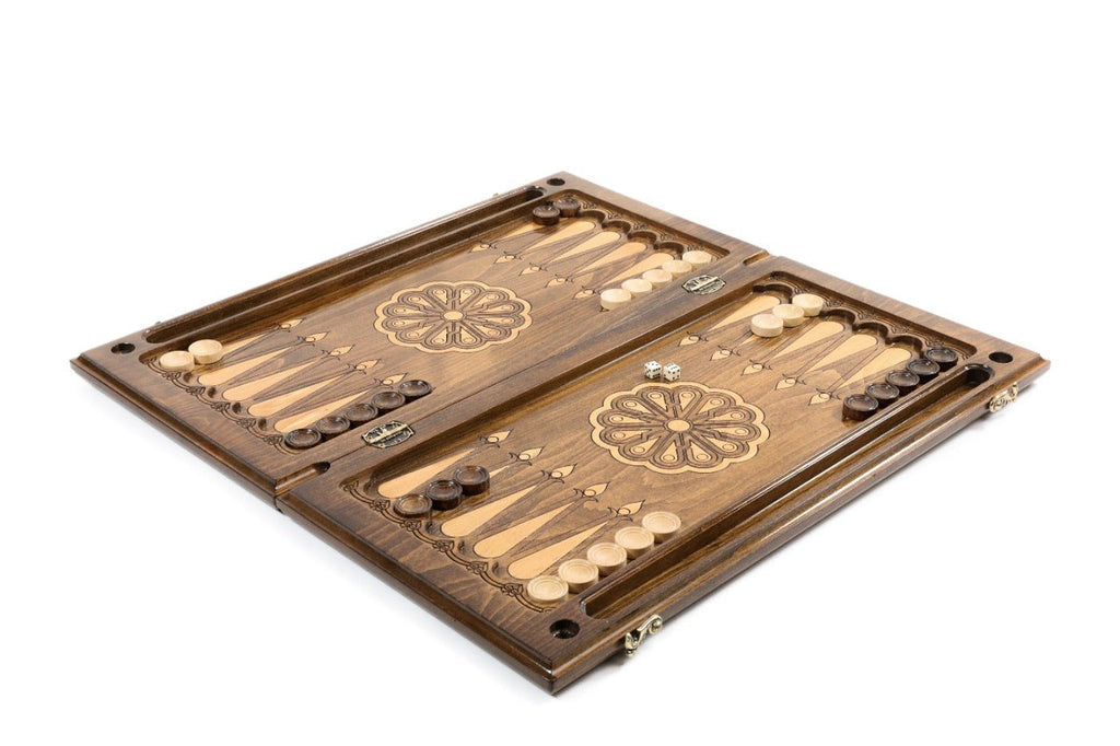 Large wooden backgammon board with symbolic bull craftsmanship