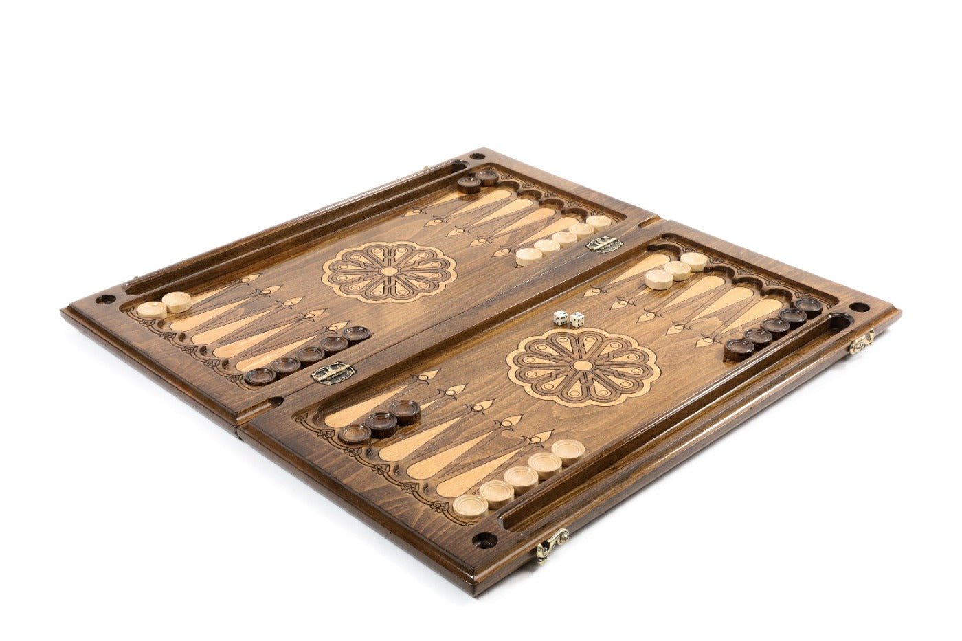 Large wooden backgammon board with symbolic bull craftsmanship