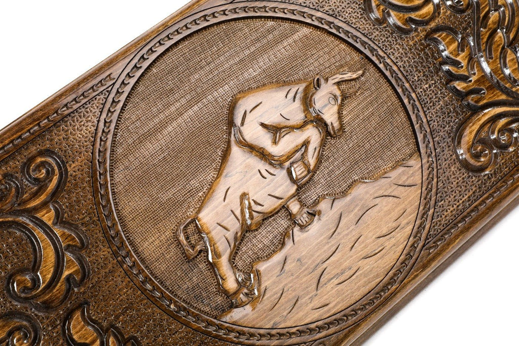Handcrafted backgammon set with carved bull motif detailing
