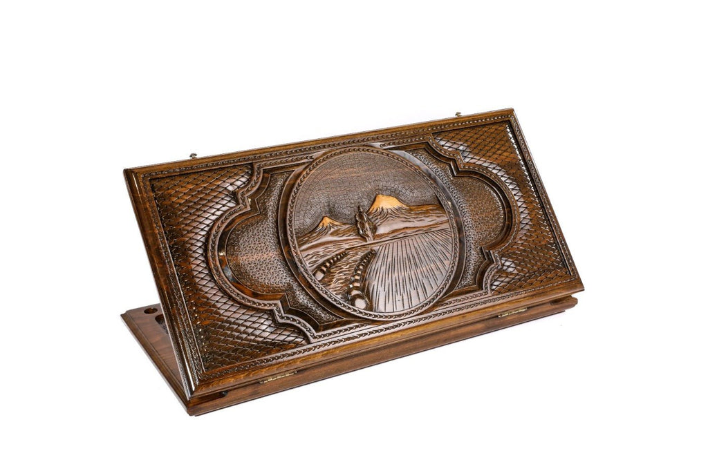 Closed Mount Ararat backgammon board with a detailed 3D carving of the twin peaks.