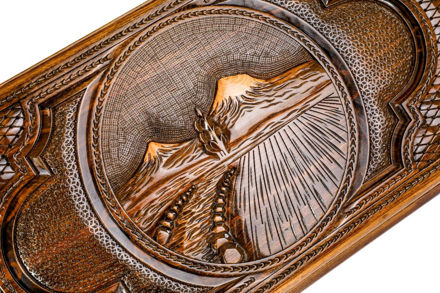 Frontal view of the hand-carved Ararat relief on the Hrachya Ohanyan solid wood board.
