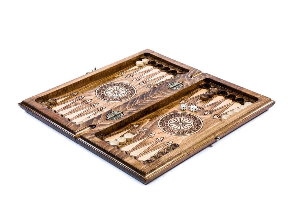 Solid beech wood chess set with backgammon board, billiard dice and branded case 