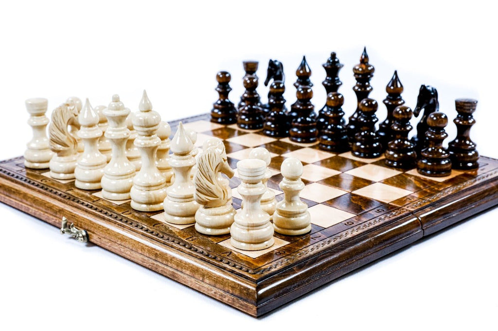 Handcrafted wooden chess board with cast bronze hinges — 2-in-1 chess and backgammon set