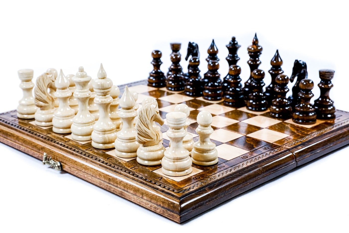 Handcrafted wooden chess board with cast bronze hinges — 2-in-1 chess and backgammon set