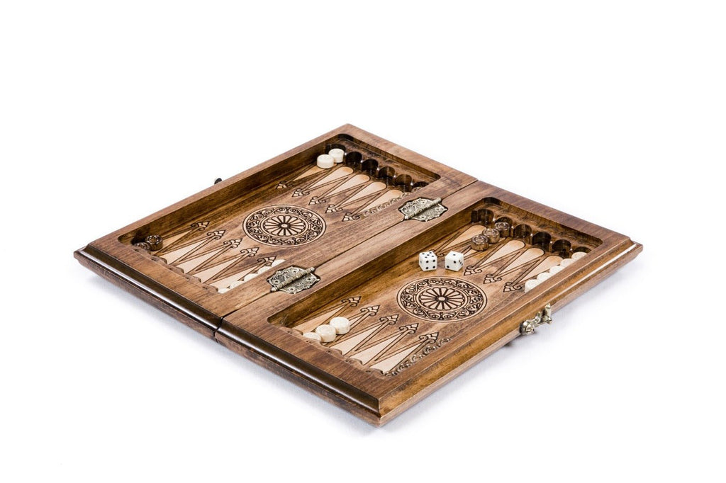 Solid beech wood chess set with backgammon board, billiard dice and branded case