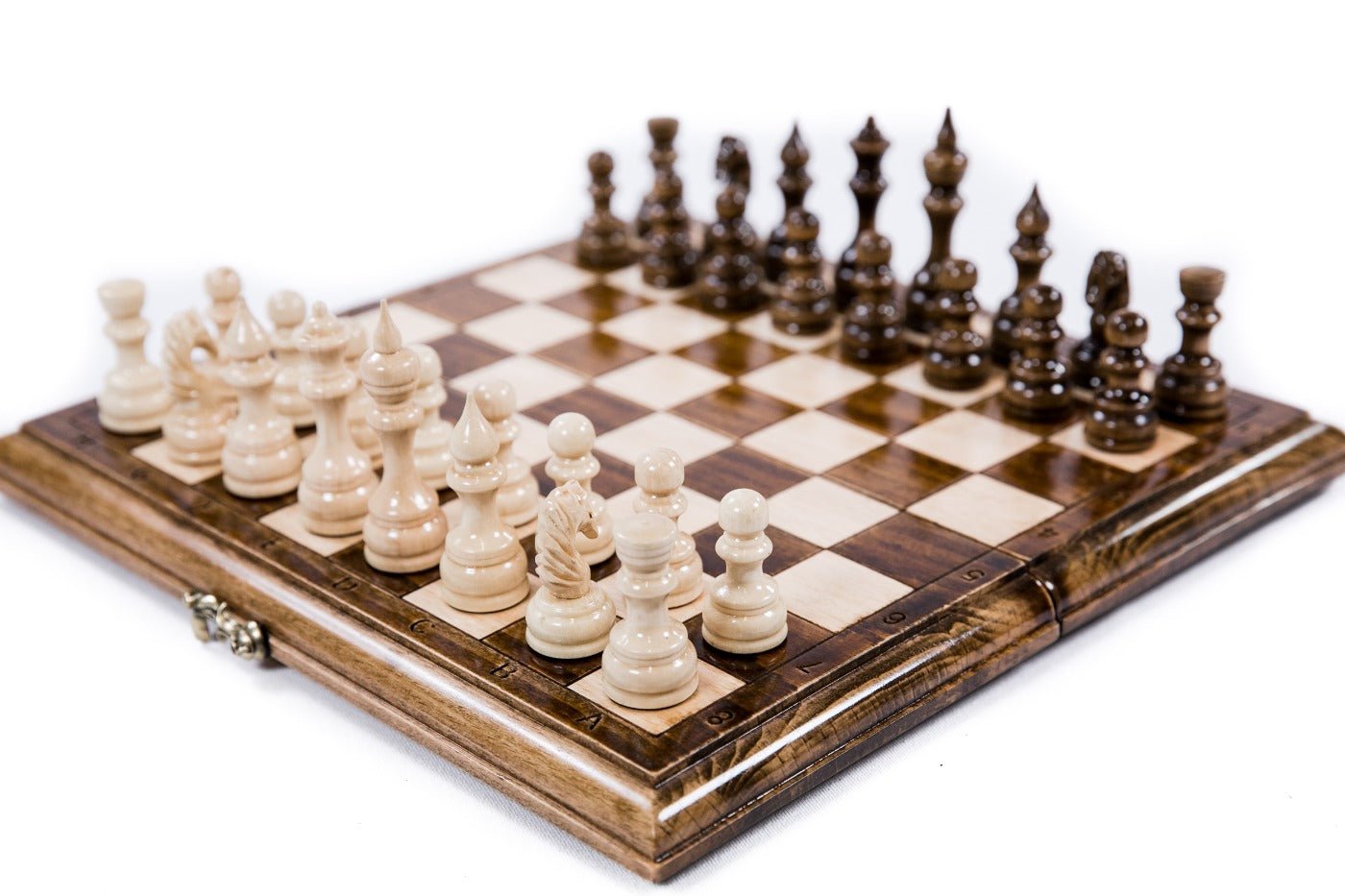 Handcrafted wooden chess board with cast bronze hinges — 2-in-1 chess and backgammon set