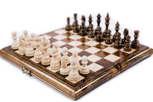 Handcrafted wooden chess board with cast bronze hinges — 2-in-1 chess and backgammon set
