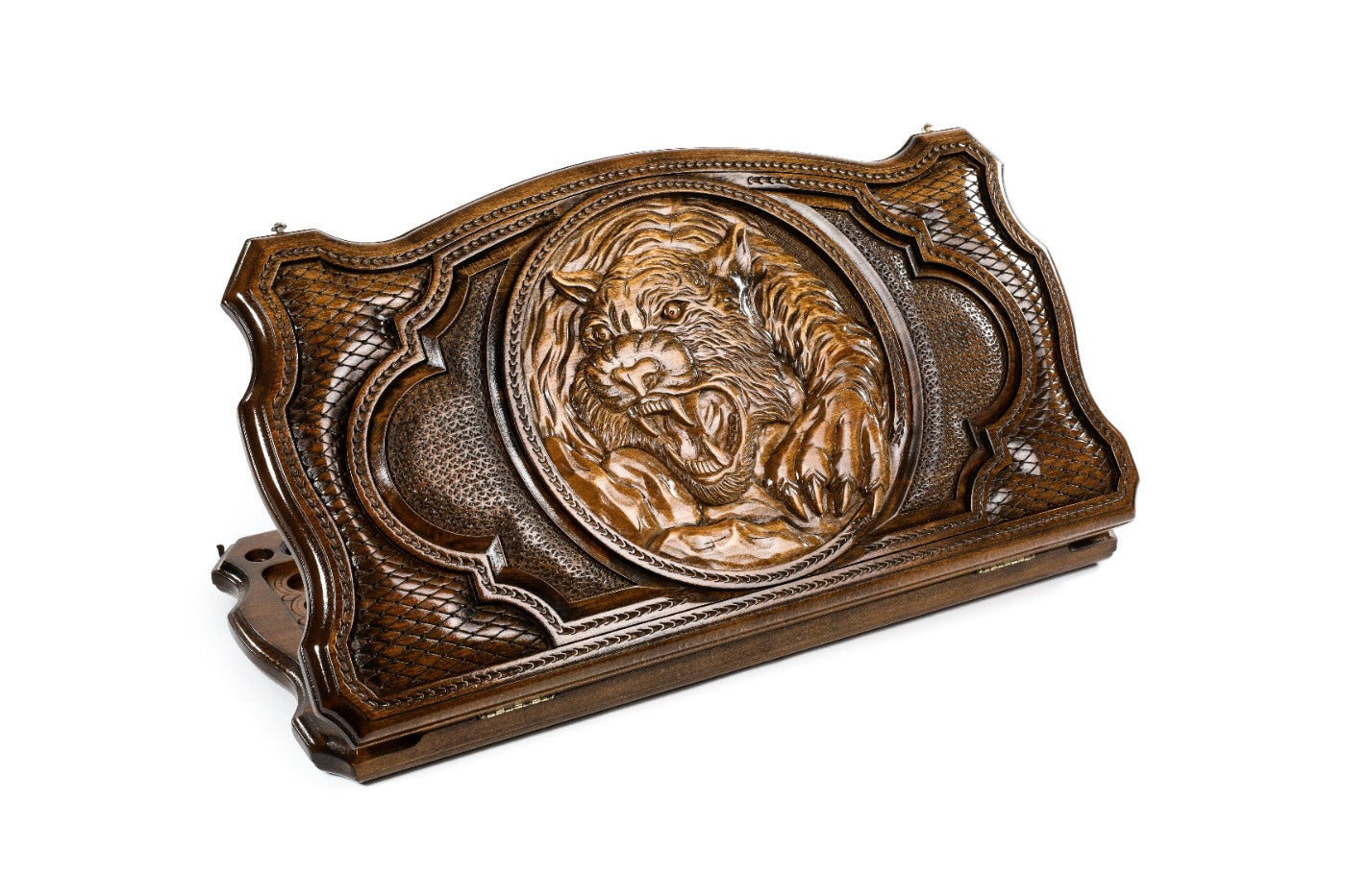 A frontal shot of the closed Tiger backgammon board featuring the tiger motif carved inside the copyrighted Mount Ararat outline.