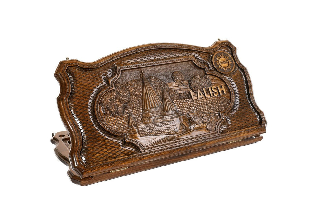 Closed Lalesh Temple backgammon board with copyrighted contour outline and fluted spire carving.