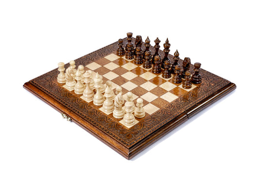 classic wooden chess set with ornamental design