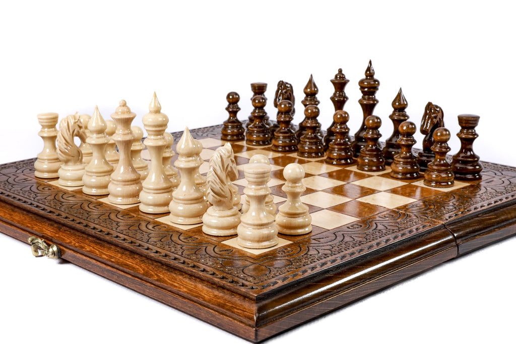 elegant wooden chess board with classic ornaments