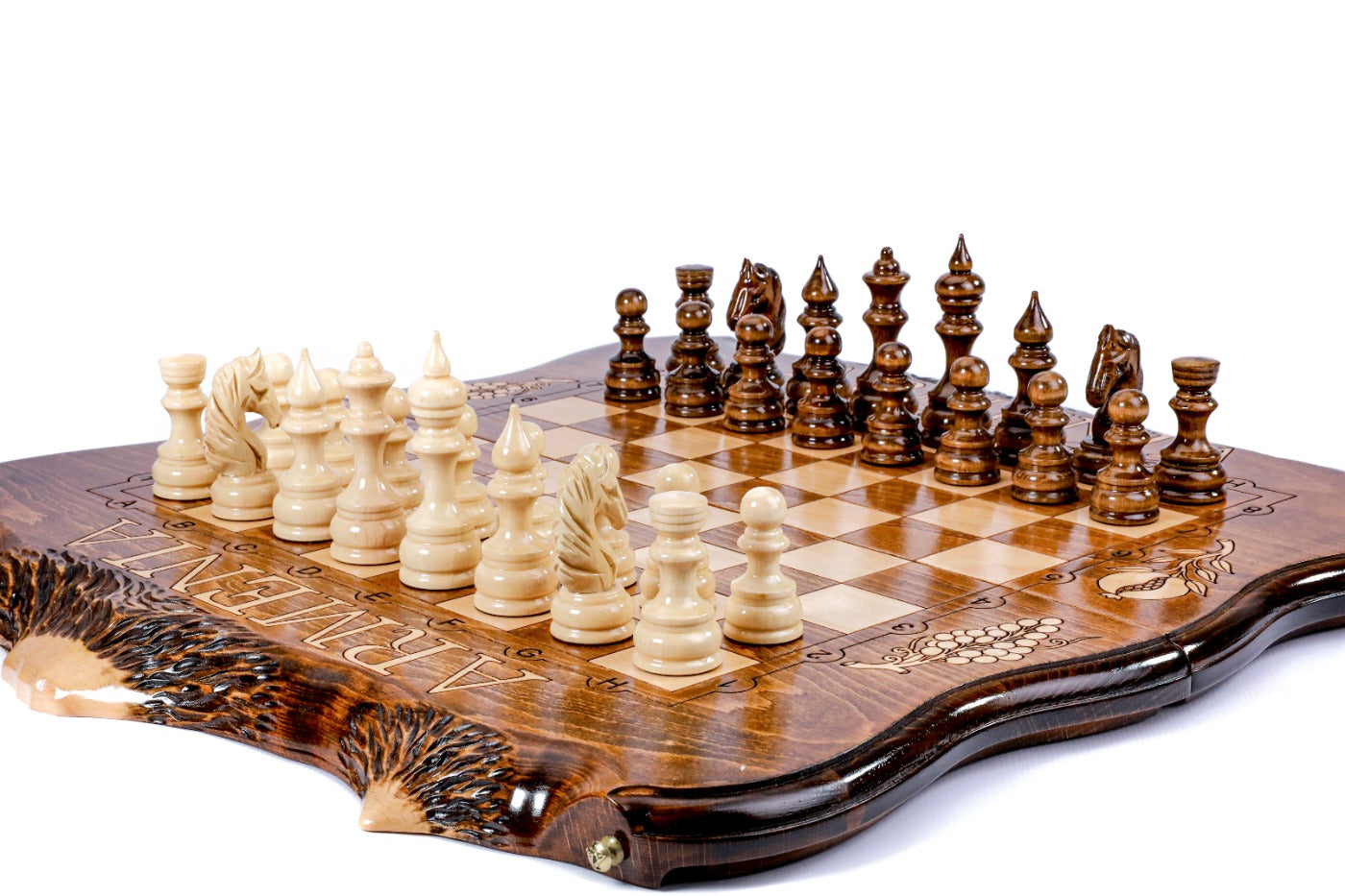 wooden chess board with ARMENIA engraving detail