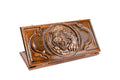 A frontal view of the closed Tiger classic backgammon board by Hrachya Ohanyan showing the detailed high-relief tiger carving.