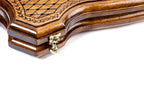 Pomegranate Tree Epoxy backgammon board - playing pieces and dice arranged on the board