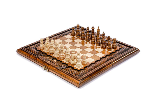 Luxury wooden chess and backgammon set with Mount Ararat carved on the frame, pieces set for play