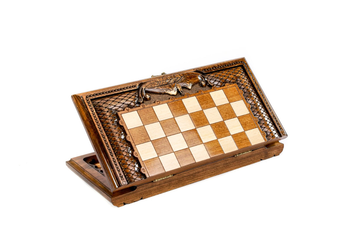 Closed 40 cm chess board standing on edge, carved lattice frame with Mount Ararat relief