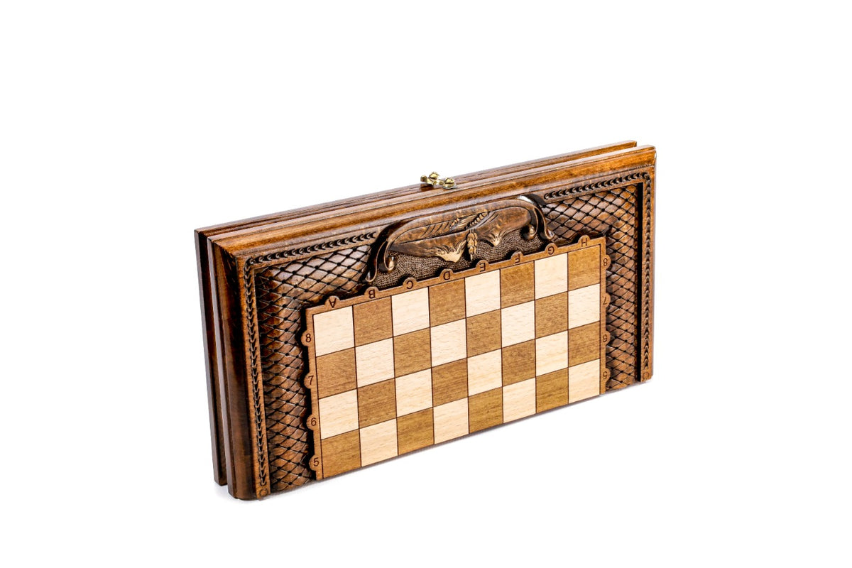 Closed travel chess and backgammon board with carved lattice border and Ararat peaks on the frame