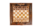 Top-down view of the Mount Ararat chess set with all 32 pieces and carved coordinates on the border
