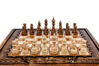 Front view of the luxury chess set with hand-carved pieces and Mount Ararat carved on the near edge