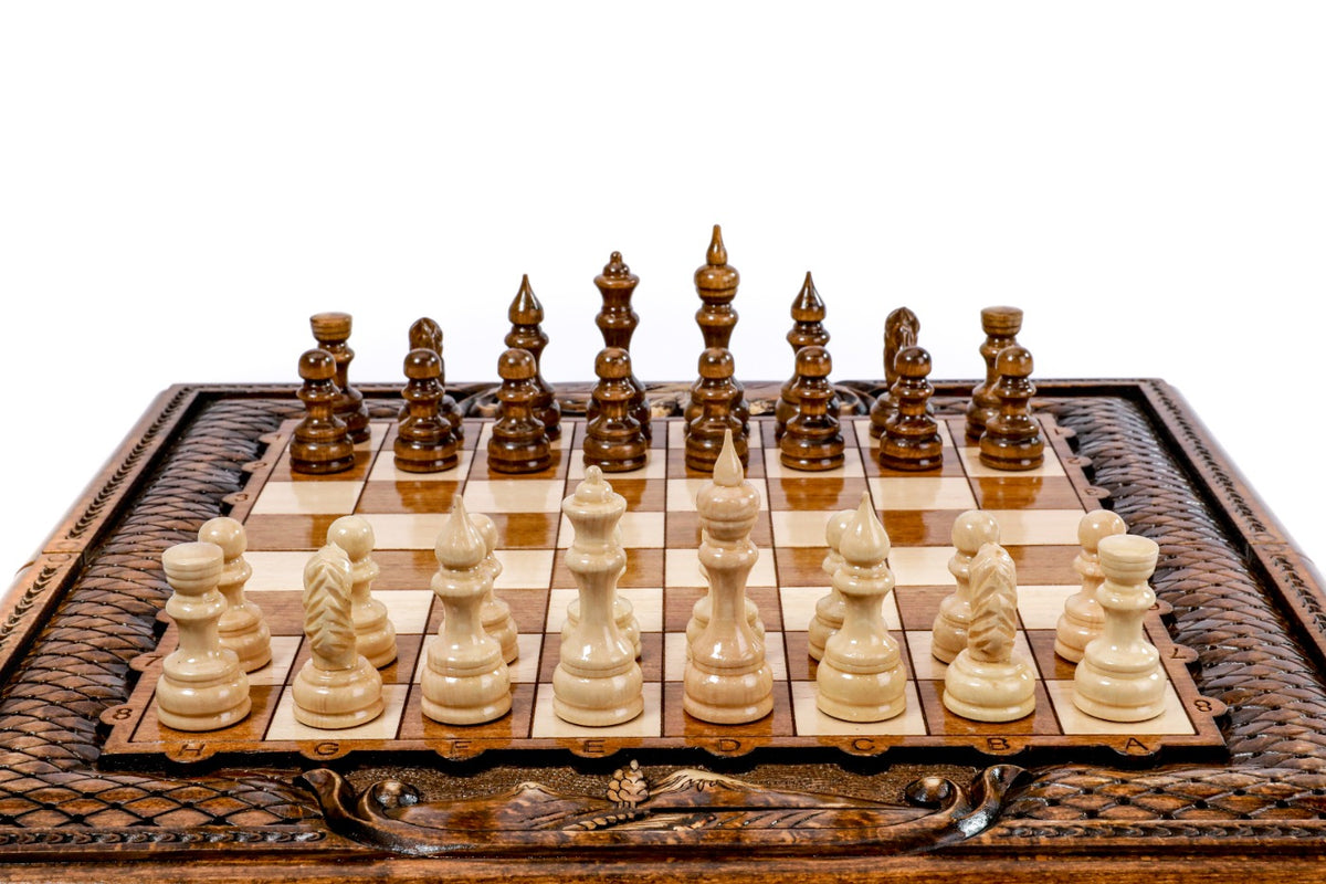 Front view of the luxury chess set with hand-carved pieces and Mount Ararat carved on the near edge