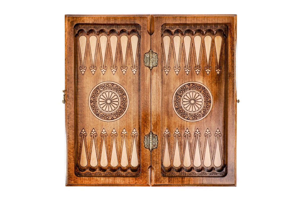 Backgammon field of the Ararat combo set laid flat, carved points and central wheel ornaments