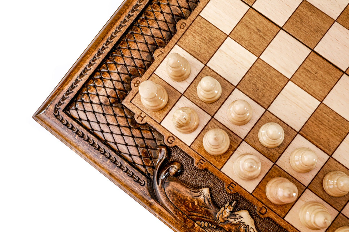 Close view of the carved lattice frame, Ararat relief and light chess pieces