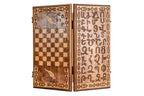 Armenian Alphabet backgammon board - playing pieces and dice arranged on the board