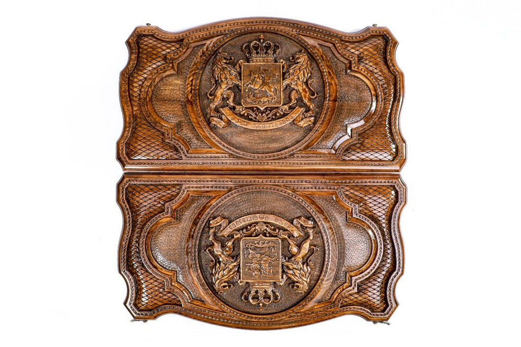 Premium wooden backgammon board with detailed Georgian coat of arms artwork