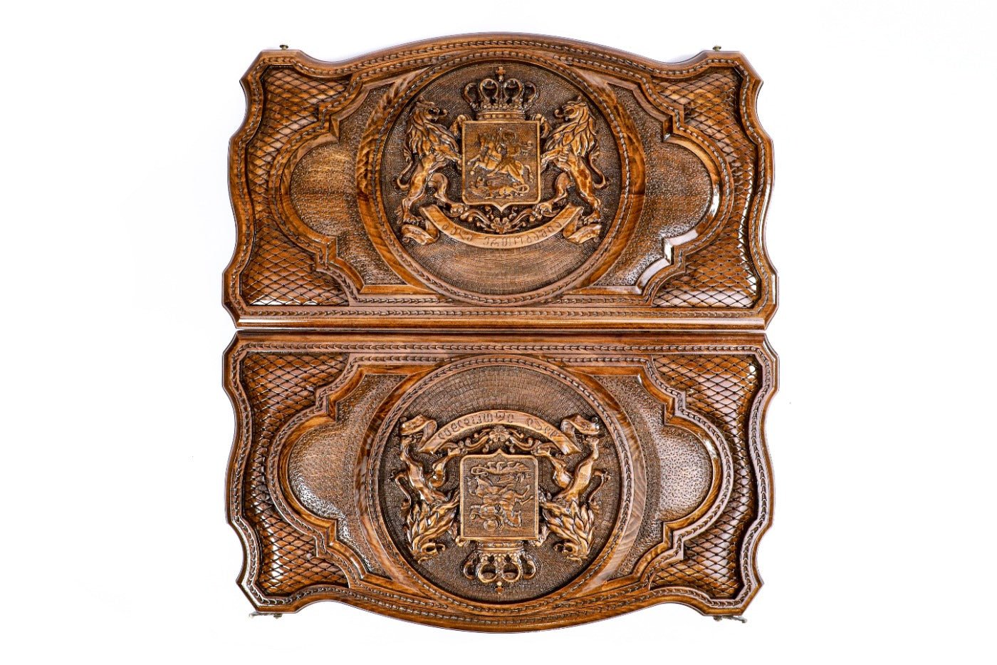 Premium wooden backgammon board with detailed Georgian coat of arms artwork