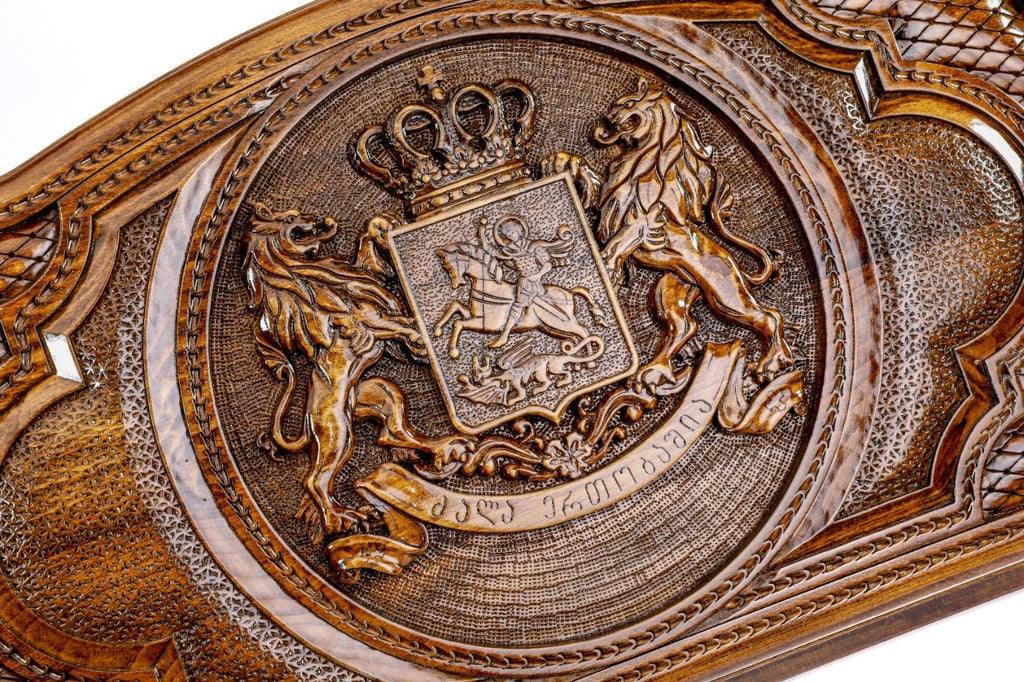 Two sided wooden backgammon board with Coat of Arms of Georgia engraving