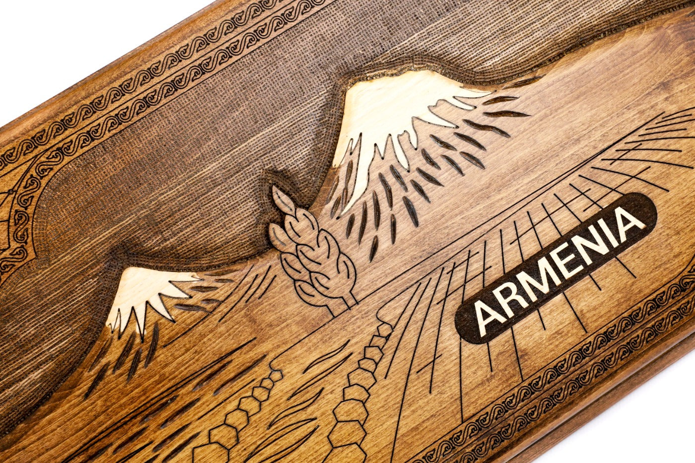 Handcrafted wooden backgammon board with Mount Ararat style detailing
