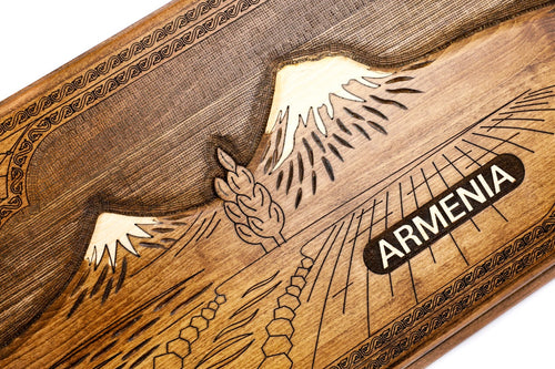 Handcrafted wooden backgammon board with Mount Ararat style detailing