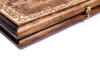 Armenian Alphabet backgammon board - playing pieces and dice arranged on the board